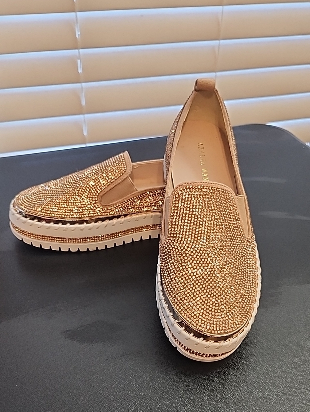 AZITA MANI Gold Crystal Slip-On Loafers with Ridged Sole